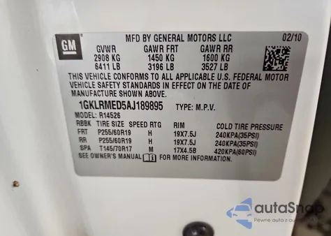 2010 GMC Acadia Slt-1 из США, поврежденный, VIN 1GKLRMED5AJ189895